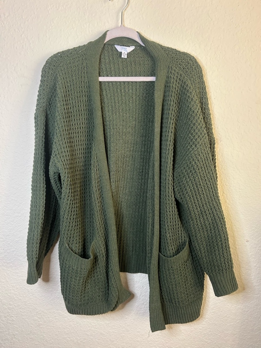 Time and Tru Olive Green Open-Front Waffle Knit Cardigan Pockets XL Mature